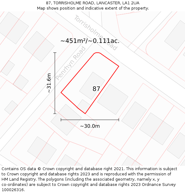 87, TORRISHOLME ROAD, LANCASTER, LA1 2UA: Plot and title map