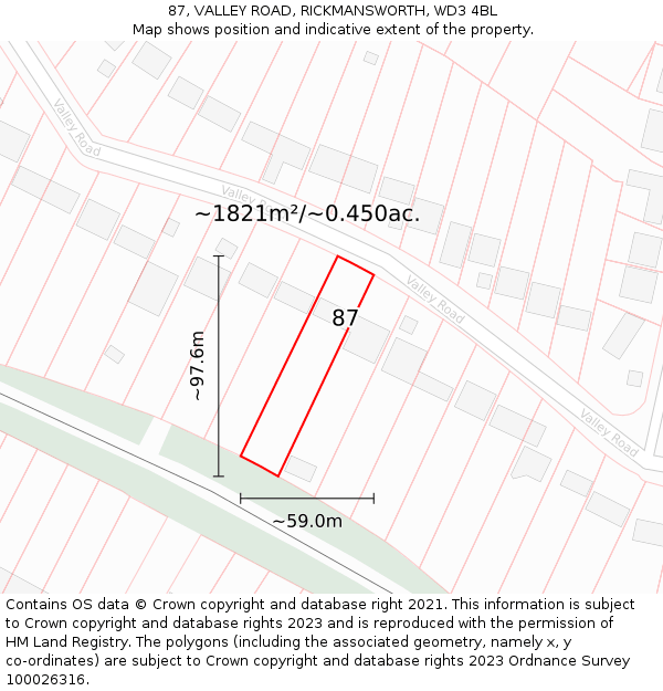 87, VALLEY ROAD, RICKMANSWORTH, WD3 4BL: Plot and title map