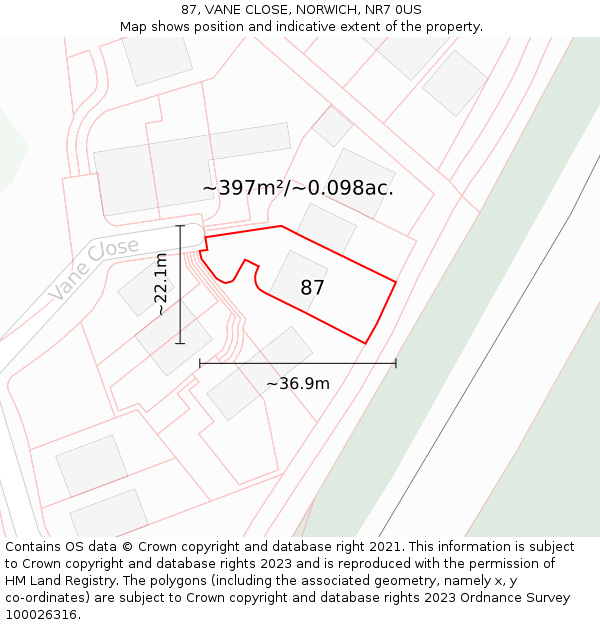 87, VANE CLOSE, NORWICH, NR7 0US: Plot and title map