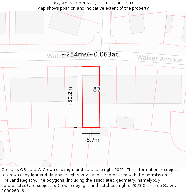 87, WALKER AVENUE, BOLTON, BL3 2ED: Plot and title map