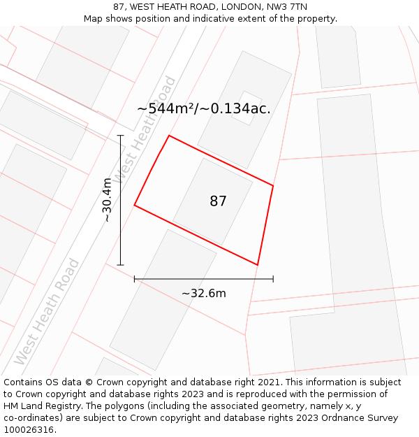 87, WEST HEATH ROAD, LONDON, NW3 7TN: Plot and title map