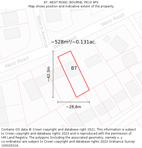 87, WEST ROAD, BOURNE, PE10 9PX: Plot and title map