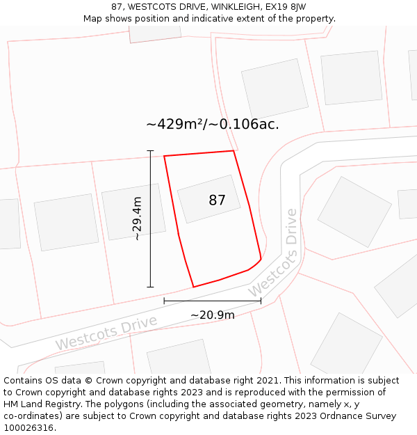 87, WESTCOTS DRIVE, WINKLEIGH, EX19 8JW: Plot and title map