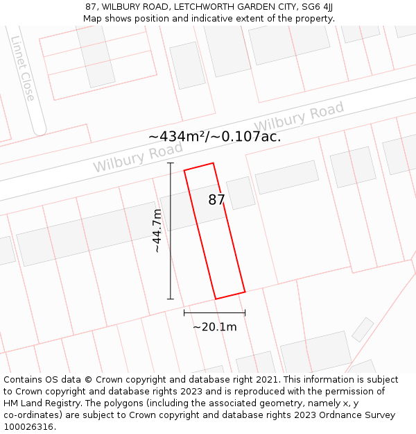 87, WILBURY ROAD, LETCHWORTH GARDEN CITY, SG6 4JJ: Plot and title map