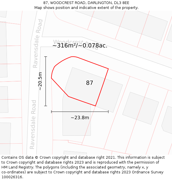 87, WOODCREST ROAD, DARLINGTON, DL3 8EE: Plot and title map