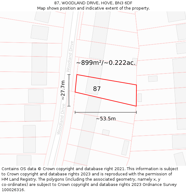 87, WOODLAND DRIVE, HOVE, BN3 6DF: Plot and title map