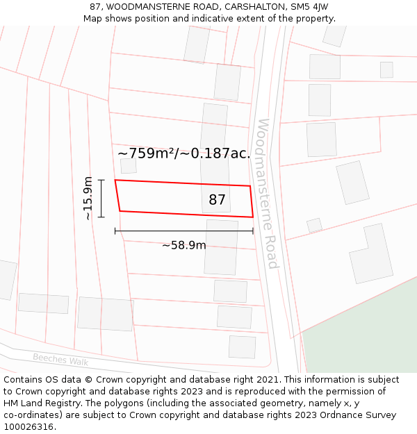 87, WOODMANSTERNE ROAD, CARSHALTON, SM5 4JW: Plot and title map