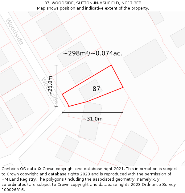 87, WOODSIDE, SUTTON-IN-ASHFIELD, NG17 3EB: Plot and title map