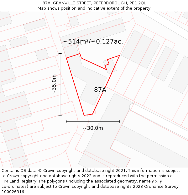 87A, GRANVILLE STREET, PETERBOROUGH, PE1 2QL: Plot and title map