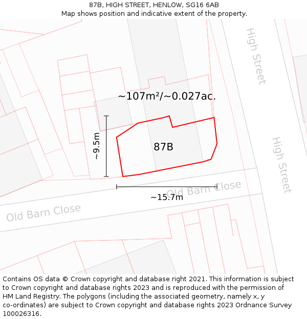 87B, HIGH STREET, HENLOW, SG16 6AB: Plot and title map