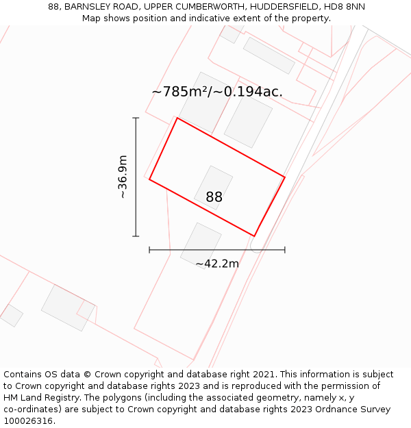 88, BARNSLEY ROAD, UPPER CUMBERWORTH, HUDDERSFIELD, HD8 8NN: Plot and title map