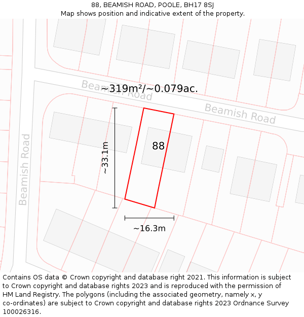 88, BEAMISH ROAD, POOLE, BH17 8SJ: Plot and title map