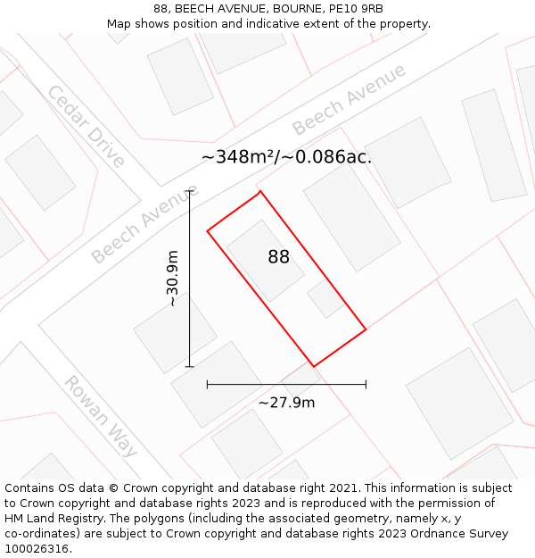 88, BEECH AVENUE, BOURNE, PE10 9RB: Plot and title map