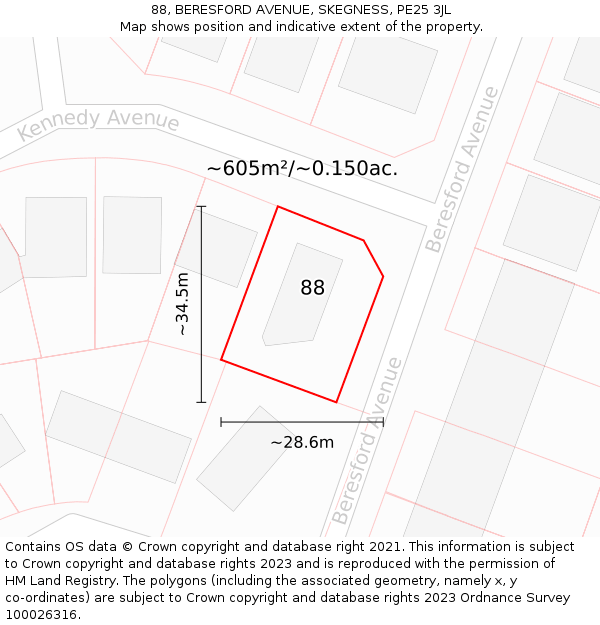 88, BERESFORD AVENUE, SKEGNESS, PE25 3JL: Plot and title map