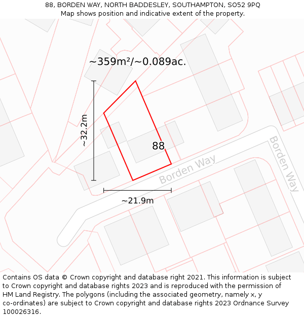 88, BORDEN WAY, NORTH BADDESLEY, SOUTHAMPTON, SO52 9PQ: Plot and title map