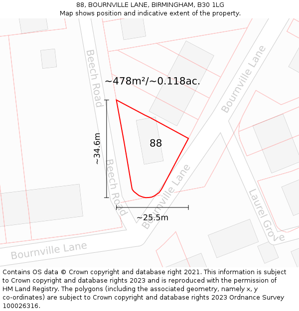 88, BOURNVILLE LANE, BIRMINGHAM, B30 1LG: Plot and title map