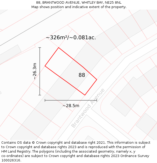 88, BRANTWOOD AVENUE, WHITLEY BAY, NE25 8NL: Plot and title map