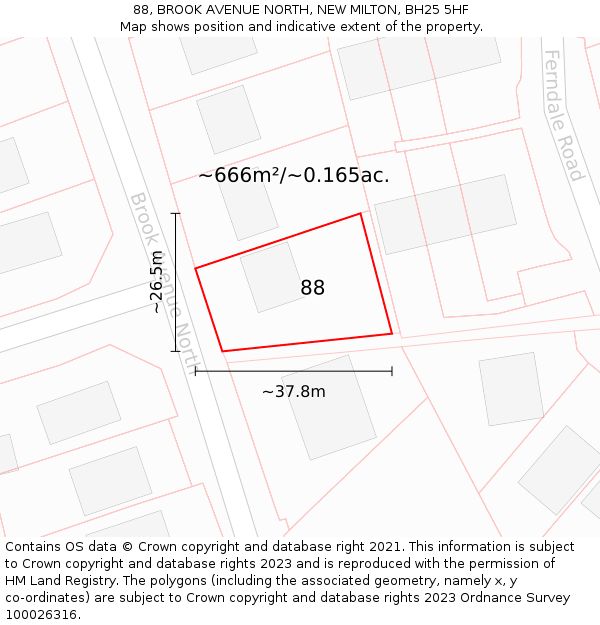 88, BROOK AVENUE NORTH, NEW MILTON, BH25 5HF: Plot and title map