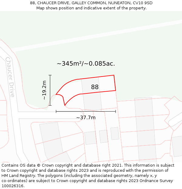 88, CHAUCER DRIVE, GALLEY COMMON, NUNEATON, CV10 9SD: Plot and title map