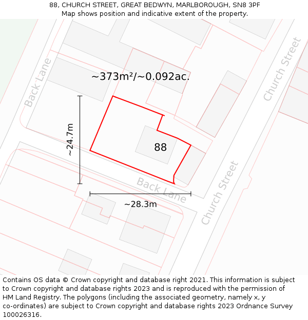 88, CHURCH STREET, GREAT BEDWYN, MARLBOROUGH, SN8 3PF: Plot and title map