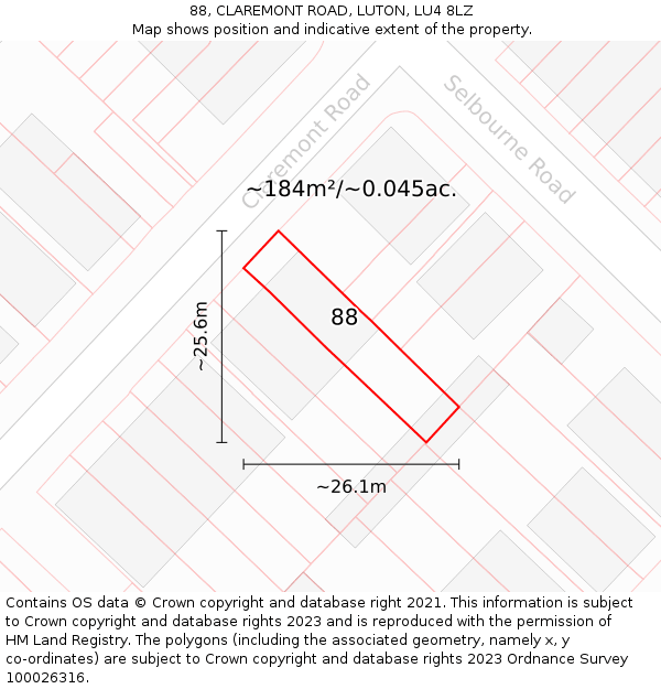 88, CLAREMONT ROAD, LUTON, LU4 8LZ: Plot and title map