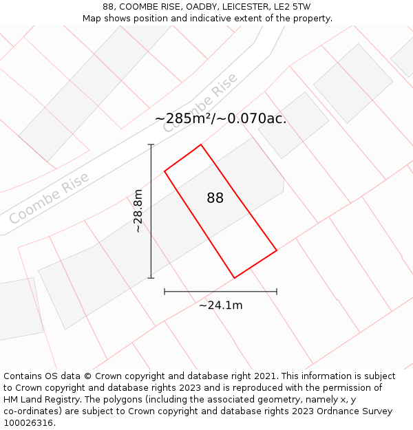 88, COOMBE RISE, OADBY, LEICESTER, LE2 5TW: Plot and title map