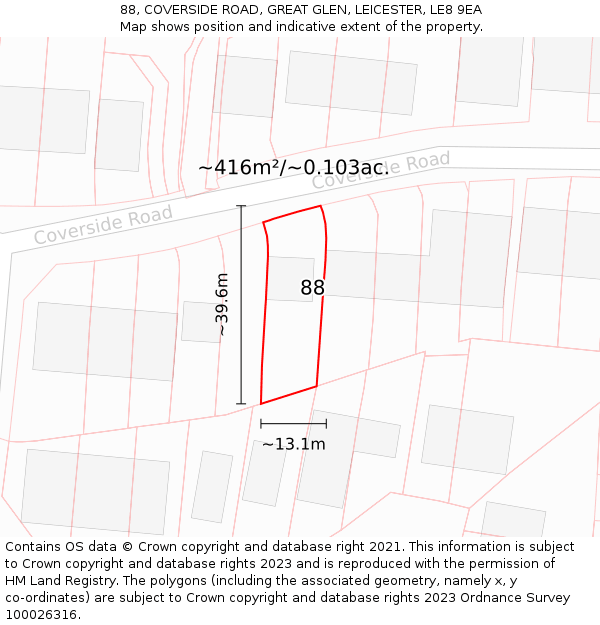 88, COVERSIDE ROAD, GREAT GLEN, LEICESTER, LE8 9EA: Plot and title map