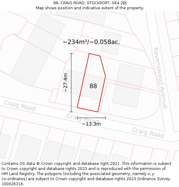88, CRAIG ROAD, STOCKPORT, SK4 2BJ: Plot and title map