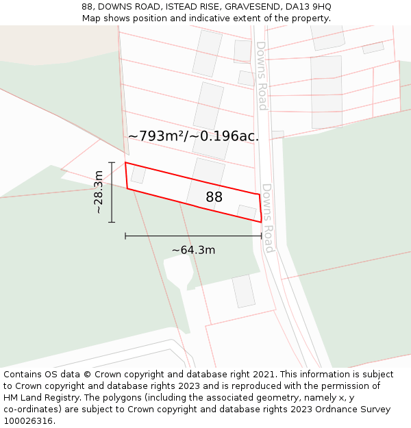 88, DOWNS ROAD, ISTEAD RISE, GRAVESEND, DA13 9HQ: Plot and title map