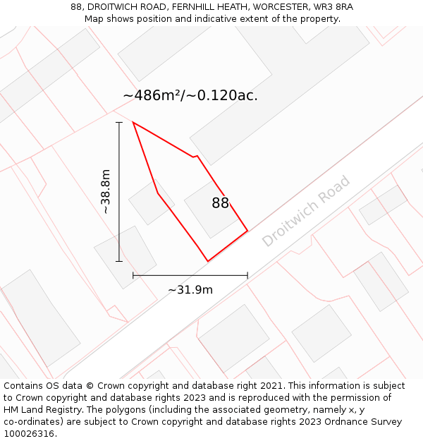88, DROITWICH ROAD, FERNHILL HEATH, WORCESTER, WR3 8RA: Plot and title map