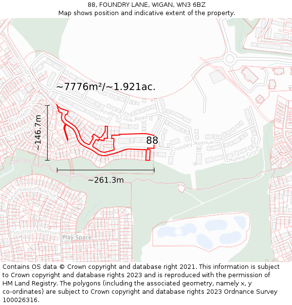 88, FOUNDRY LANE, WIGAN, WN3 6BZ: Plot and title map