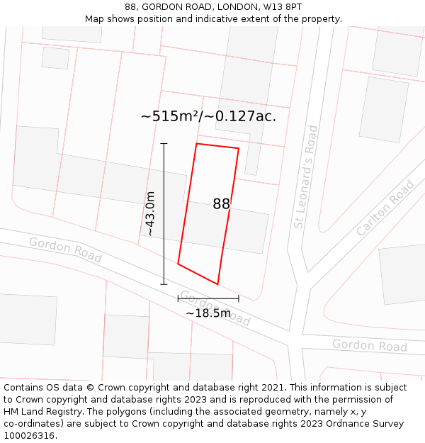 88, GORDON ROAD, LONDON, W13 8PT: Plot and title map