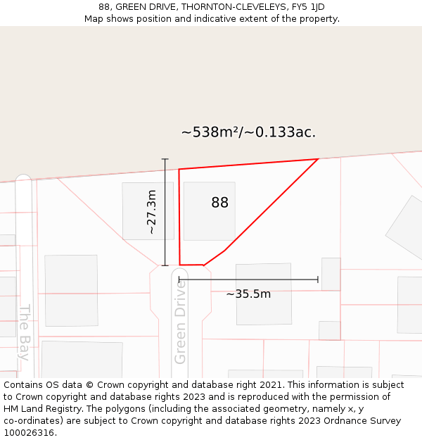 88, GREEN DRIVE, THORNTON-CLEVELEYS, FY5 1JD: Plot and title map