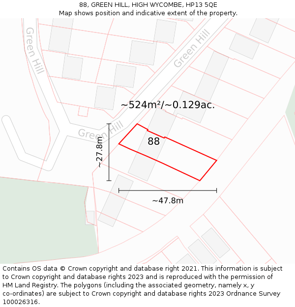 88, GREEN HILL, HIGH WYCOMBE, HP13 5QE: Plot and title map