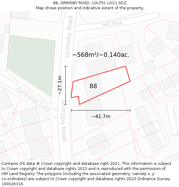 88, GRIMSBY ROAD, LOUTH, LN11 0DZ: Plot and title map
