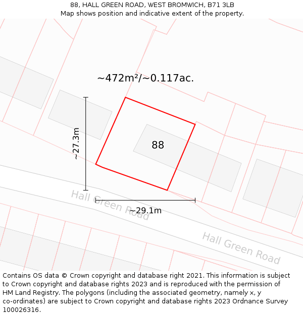 88, HALL GREEN ROAD, WEST BROMWICH, B71 3LB: Plot and title map