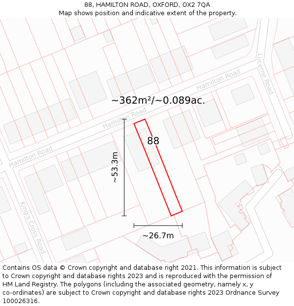 88, HAMILTON ROAD, OXFORD, OX2 7QA: Plot and title map