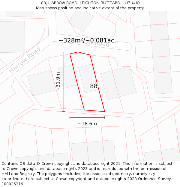 88, HARROW ROAD, LEIGHTON BUZZARD, LU7 4UQ: Plot and title map