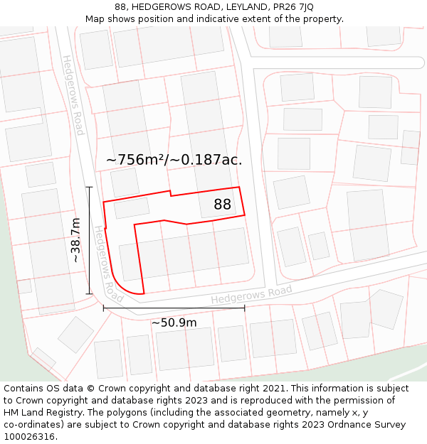 88, HEDGEROWS ROAD, LEYLAND, PR26 7JQ: Plot and title map