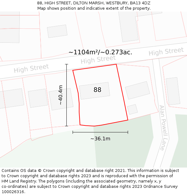 88, HIGH STREET, DILTON MARSH, WESTBURY, BA13 4DZ: Plot and title map