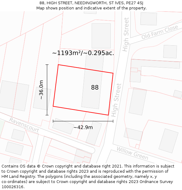 88, HIGH STREET, NEEDINGWORTH, ST IVES, PE27 4SJ: Plot and title map