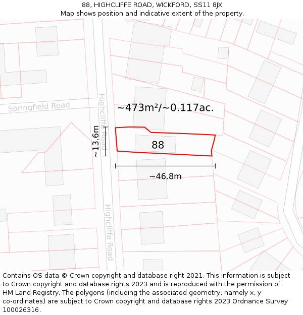 88, HIGHCLIFFE ROAD, WICKFORD, SS11 8JX: Plot and title map