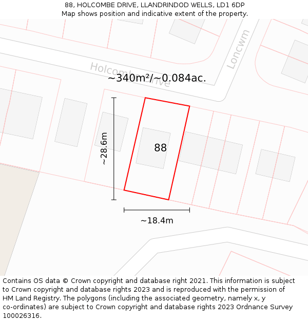 88, HOLCOMBE DRIVE, LLANDRINDOD WELLS, LD1 6DP: Plot and title map