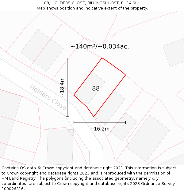 88, HOLDERS CLOSE, BILLINGSHURST, RH14 9HL: Plot and title map