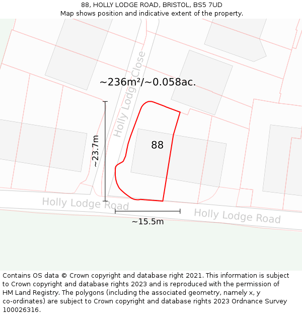 88, HOLLY LODGE ROAD, BRISTOL, BS5 7UD: Plot and title map
