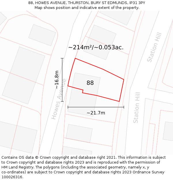 88, HOWES AVENUE, THURSTON, BURY ST EDMUNDS, IP31 3PY: Plot and title map