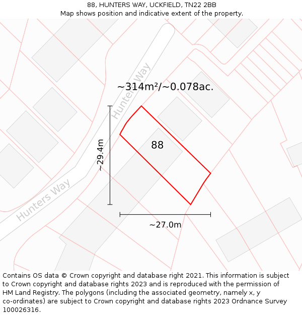 88, HUNTERS WAY, UCKFIELD, TN22 2BB: Plot and title map