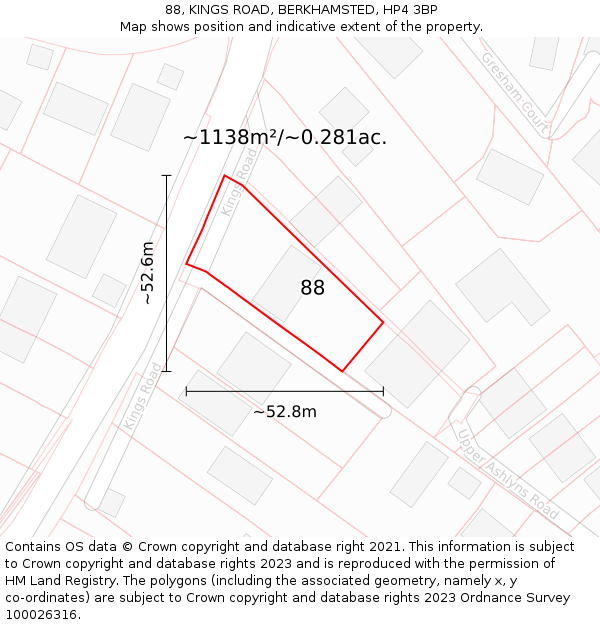 88, KINGS ROAD, BERKHAMSTED, HP4 3BP: Plot and title map