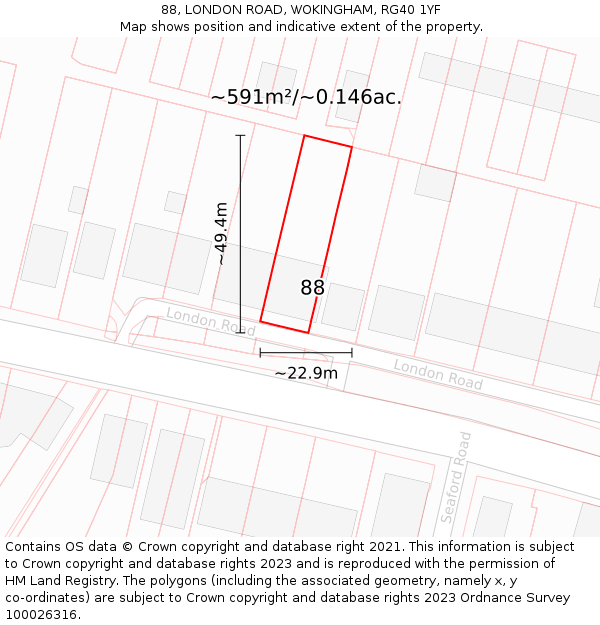 88, LONDON ROAD, WOKINGHAM, RG40 1YF: Plot and title map