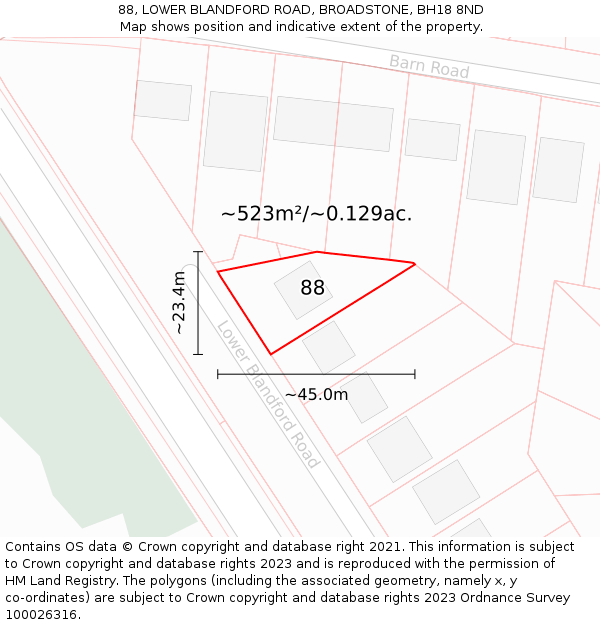 88, LOWER BLANDFORD ROAD, BROADSTONE, BH18 8ND: Plot and title map